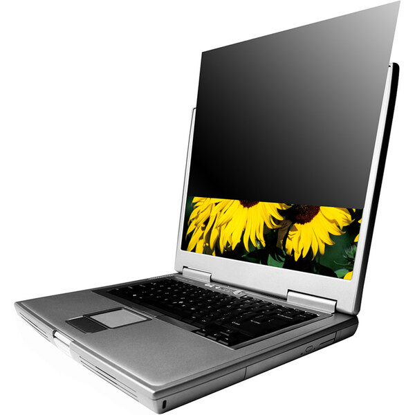 A white laptop with a Kantek 14" Widescreen LCD Monitor Privacy Filter on the screen.