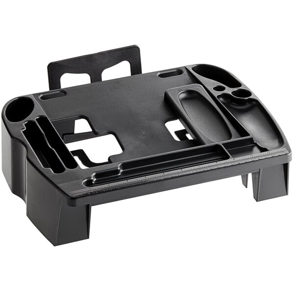 A black plastic Kantek phone central organizer with two compartments.