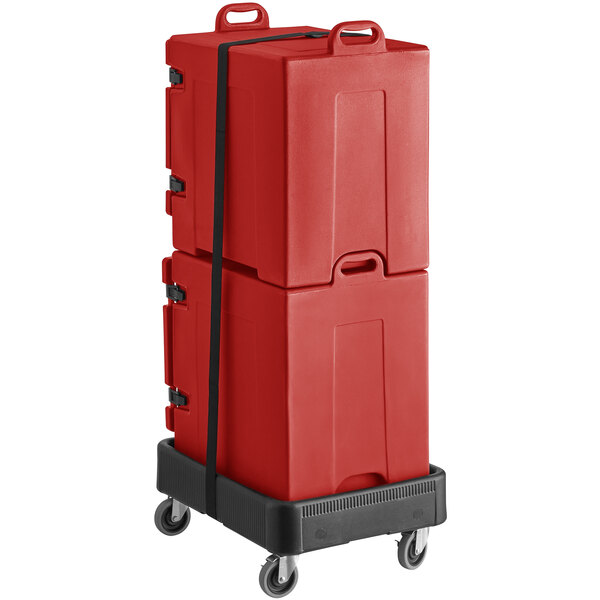A red trolley with two CaterGator red plastic pan carriers on it.
