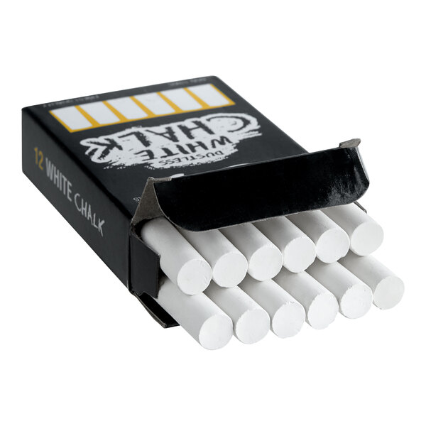 A box containing 12 sticks of white chalk.