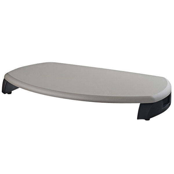A grey plastic Kantek monitor stand with a black base.
