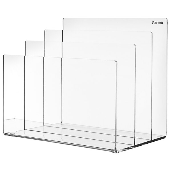 A group of clear acrylic mini paper sorters on a counter.