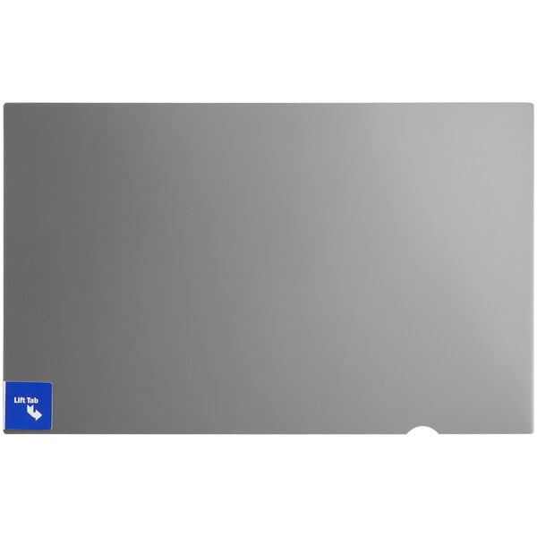 A rectangular privacy filter for a widescreen monitor with a blue label.