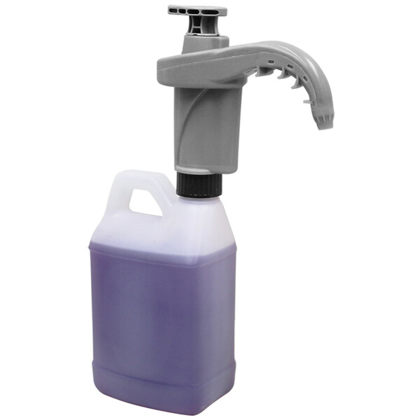 A purple plastic container with a white and grey Dema FlexDose portable dosing pump.