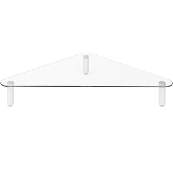 A glass triangle shelf with white legs.