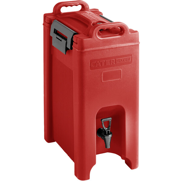 A red plastic CaterGator insulated beverage dispenser with a black faucet.