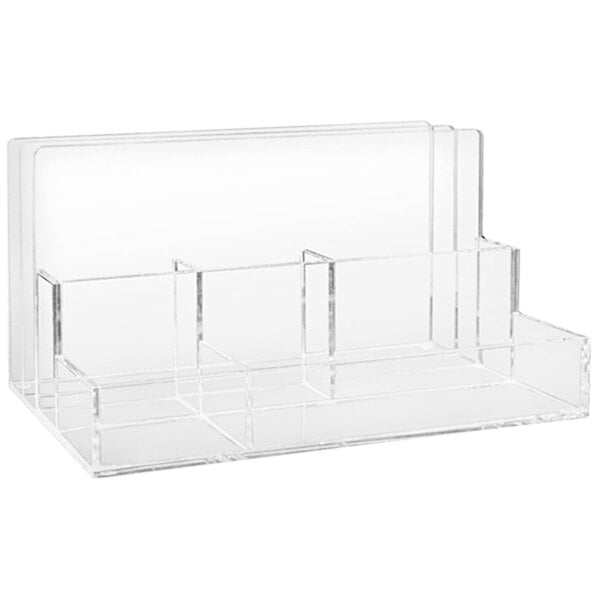 A clear acrylic holder with four compartments.