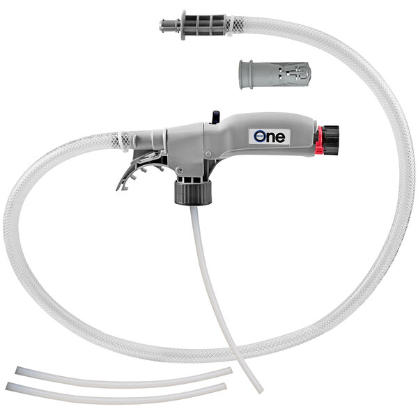 A DEMA Premium Dual Fill Rinse portable dispenser with a white nozzle and hose attached.