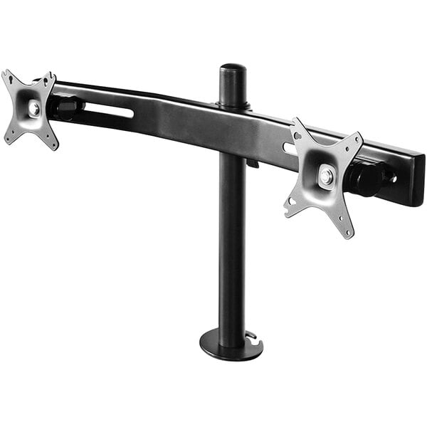 A black metal Kantek dual monitor arm stand with black and silver brackets for two monitors.