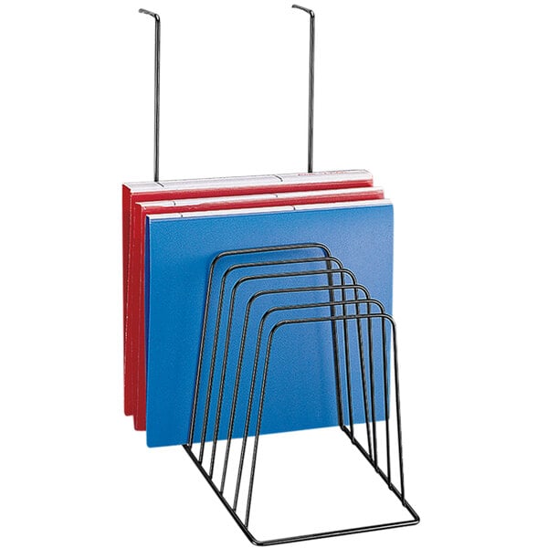 A Kantek wire rack with eight sections holding files.