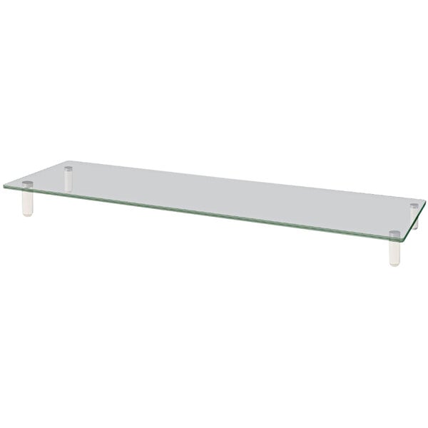 A glass shelf with white legs.