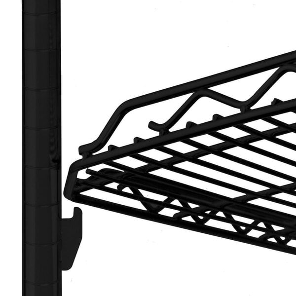 A close-up of a black Metro qwikSLOT wire shelf.