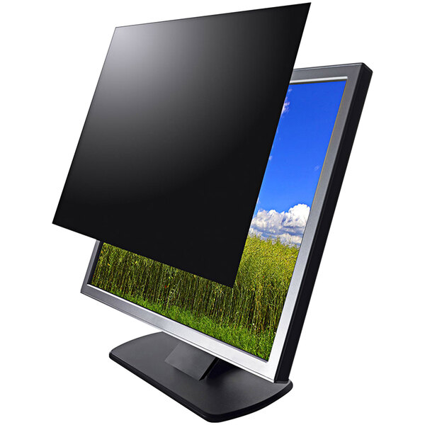 A Kantek widescreen monitor with a black privacy filter over the screen.