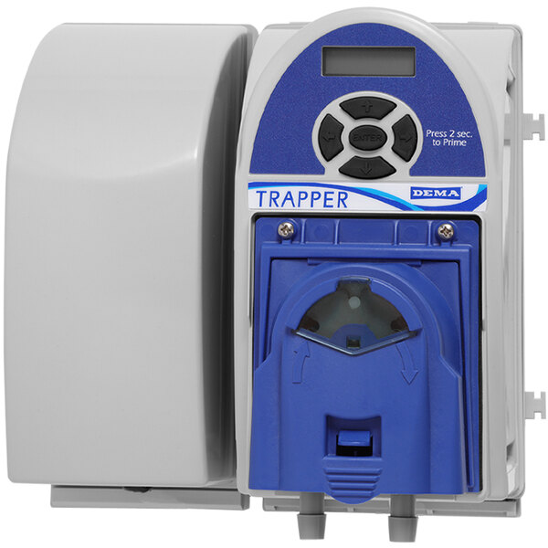 A close-up of a Dema Trapper with a blue and white cover.