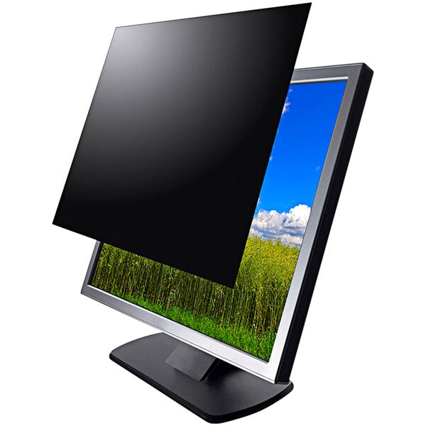 A Kantek white privacy filter on a computer monitor with a black screen.