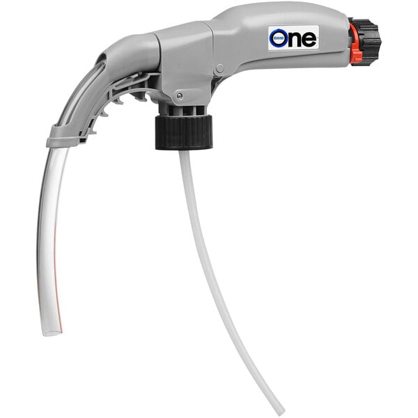 A DEMA One medium flow portable dispenser with a grey nozzle and black and red handle.