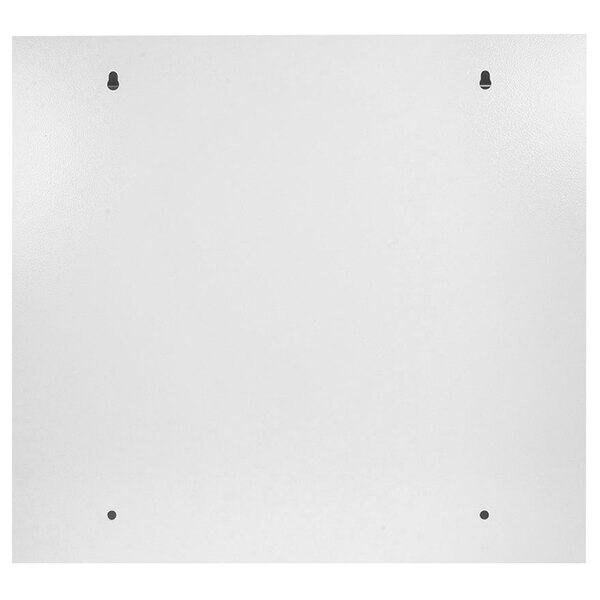 A white metal wall cabinet with black holes.