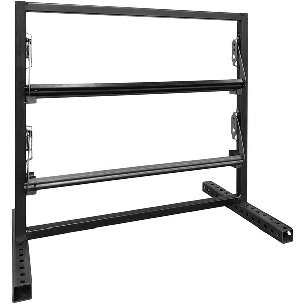 A black metal rack with two shelves holding rolls of kraft paper and poly sheeting.