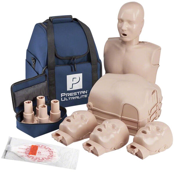 A group of Prestan Ultralite adult CPR manikins in a blue bag with a black strap.