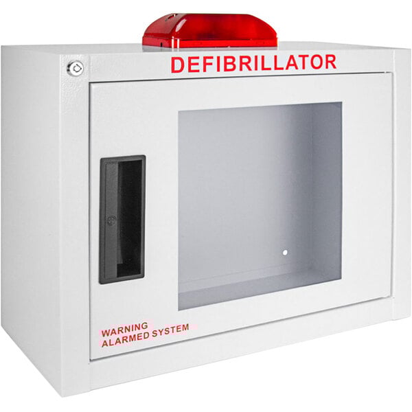 A white surface mount AED wall cabinet with a red strobe light.