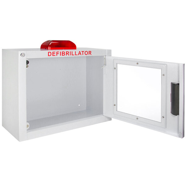 A white compact surface mount AED wall cabinet with a red door and a red light.