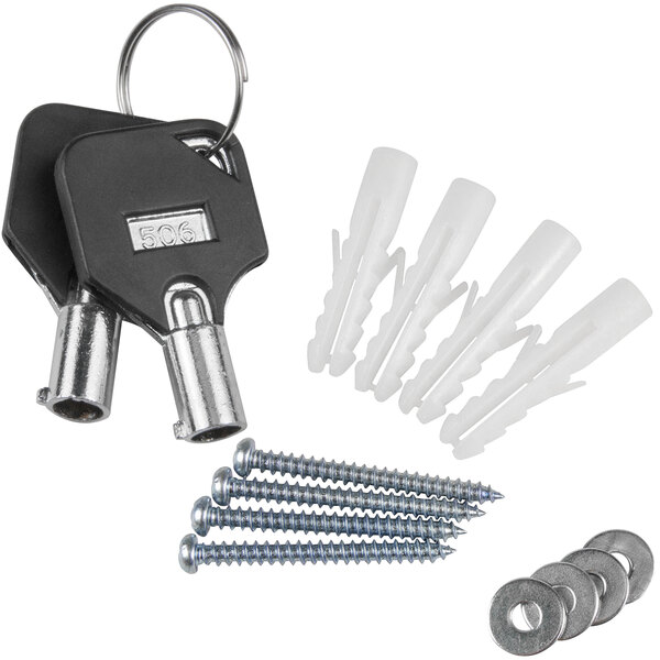 A compact surface mount AED wall cabinet key set and screws.