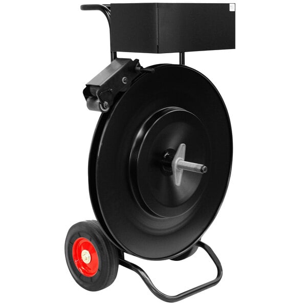 A black and red Lavex heavy-duty strapping dispenser hand cart with a black metal reel and a black box on a wheel.