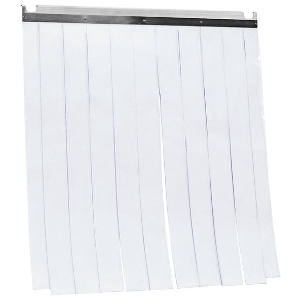 A white plastic strip curtain with black strips on it.
