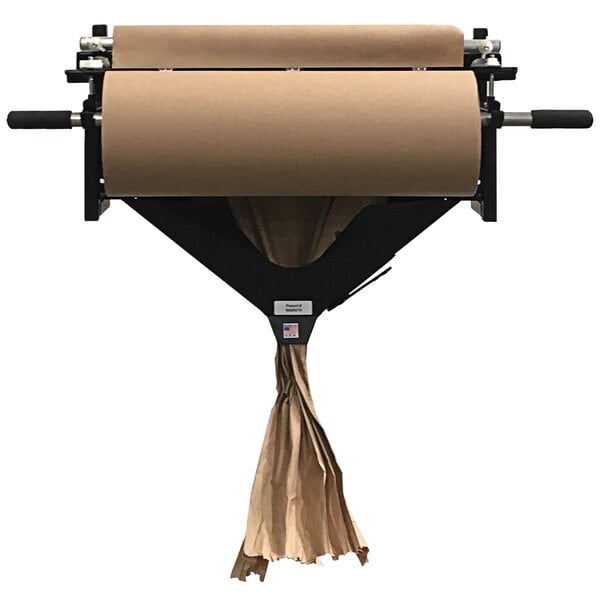 A Lavex Kraft paper roll on a dispenser with a brown paper bag attached to it.