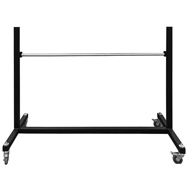 A black metal rack with wheels.