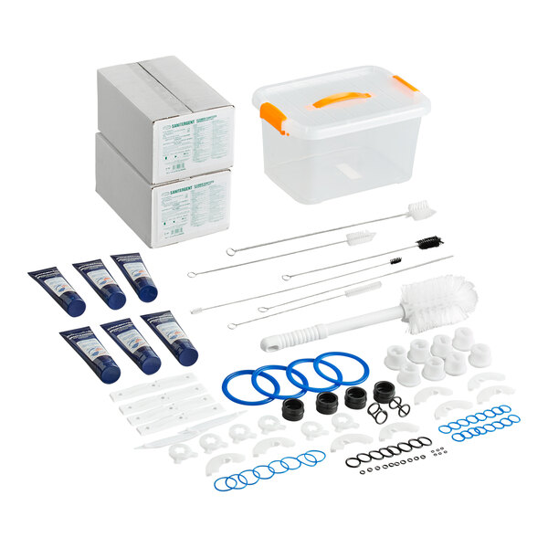 A maintenance kit for Spaceman 6235-C and 6250-C soft serve ice cream machines, including brushes, gaskets, lubricants, O-rings, and cleaning supplies.