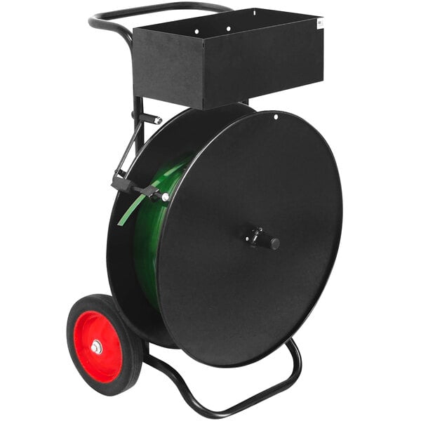 A black and green Lavex strapping dispenser on wheels.