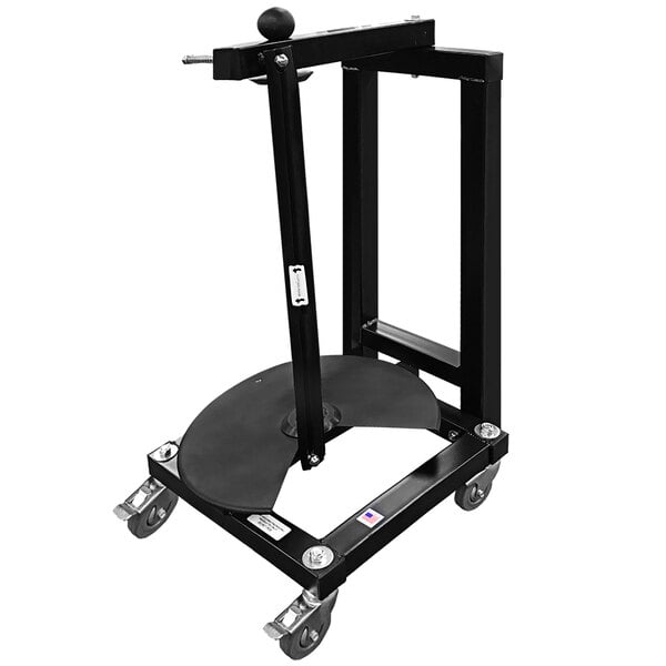 A black metal Lavex vertical paper/poly dispenser with wheels.
