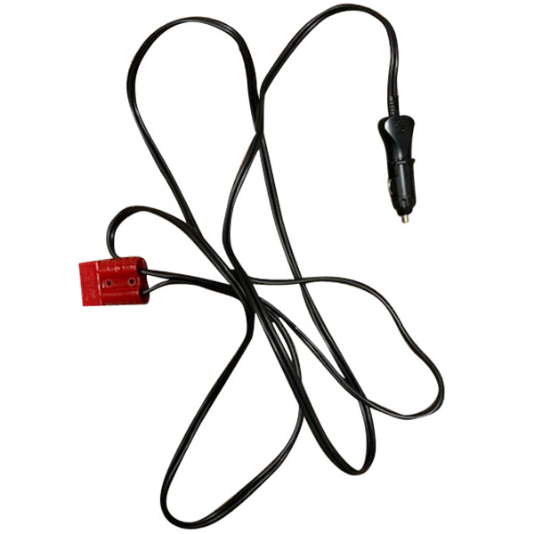 A black cord with a red plug and a black car charger adapter.