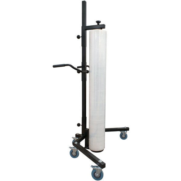 A white rectangular mobile pallet wrapper with a black stand for a roll of plastic.