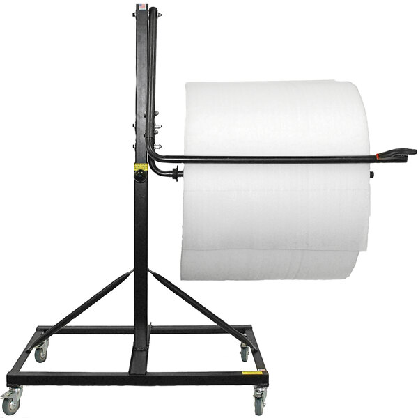 A roll of paper on a black Lavex floor stand with slide cutter.