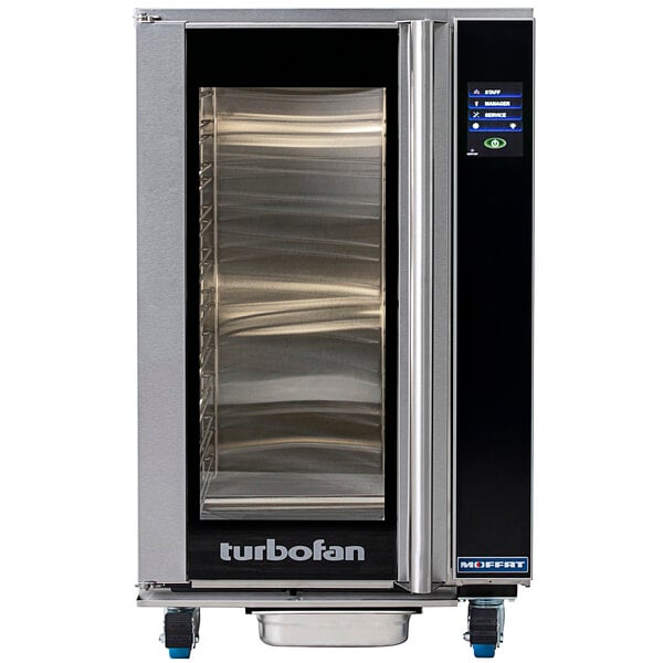 A Moffat Turbofan stainless steel holding cabinet with a glass door.