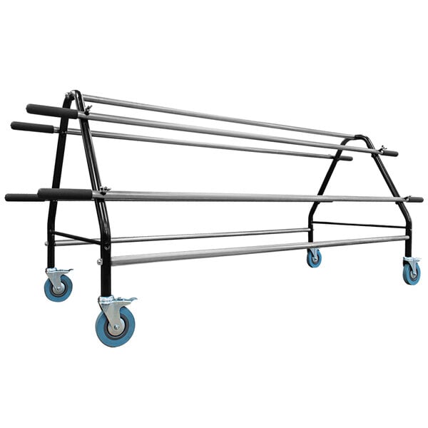 A metal rack with blue wheels for Lavex multi-roll dispensers.