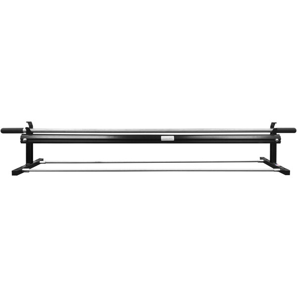 A black metal rack with a silver metal bar and a black handle on it.