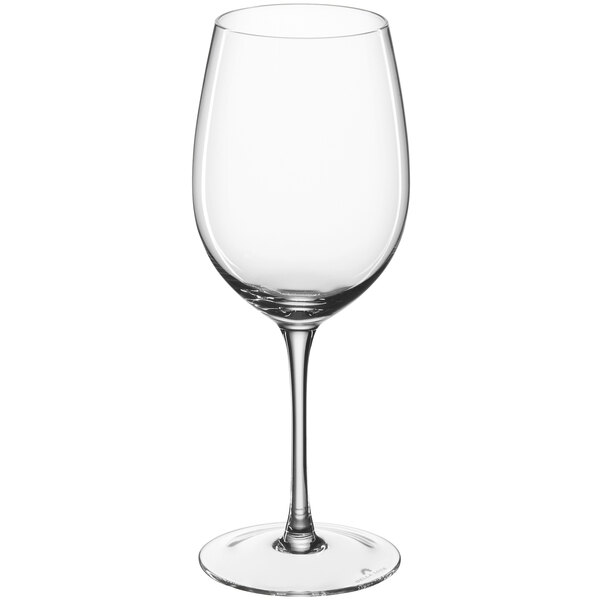 A close-up of a clear Della Luce Maia white wine glass with a stem.