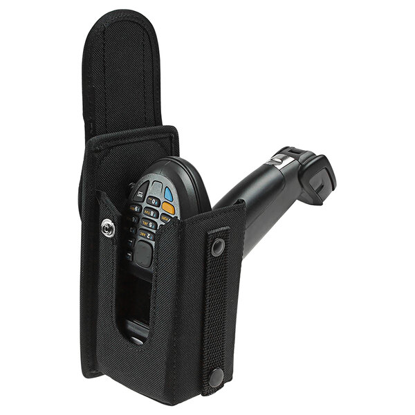 A black holster with a Zebra barcode scanner in a pouch.