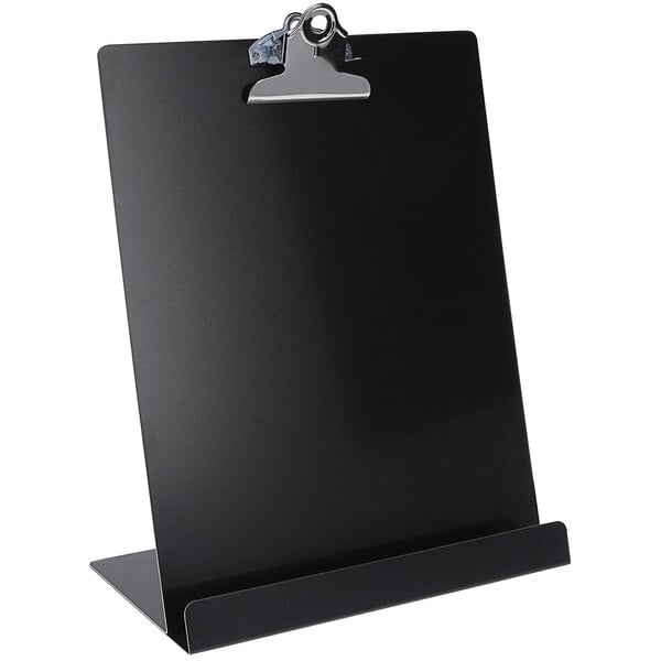 A black Saunders free-standing clipboard with a metal clip.