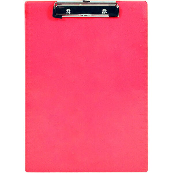 A neon pink Saunders plastic clipboard with a black clip.