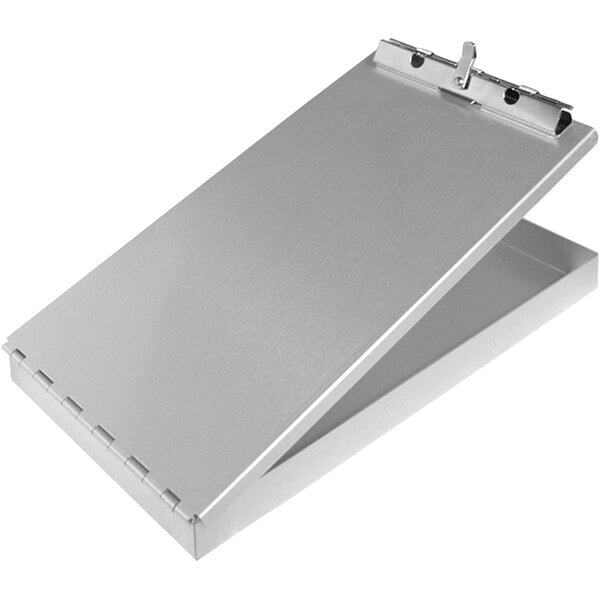 A silver Saunders aluminum clipboard with a metal clip.