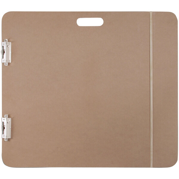 A brown hardboard sketchboard with metal clips.
