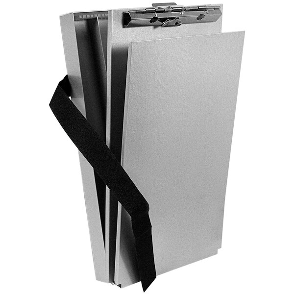 A Saunders aluminum clipboard with a black strap.
