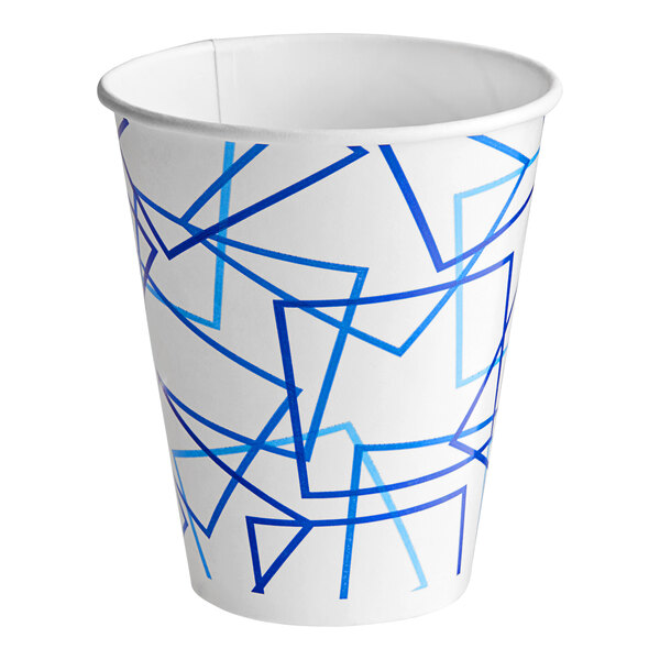 A white Choice paper cold cup with blue geometric lines.