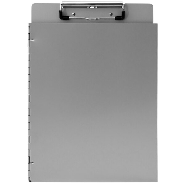 An aluminum clipboard with a metal clip on top.
