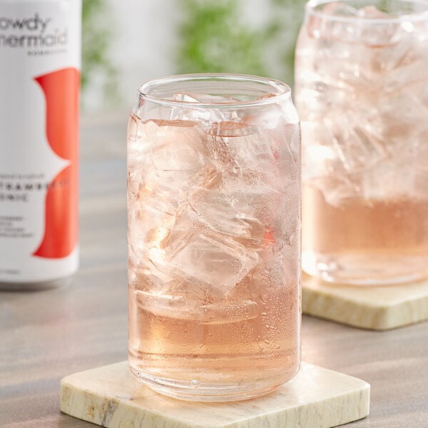 A close-up of a Rowdy Mermaid Strawberry Tonic Kombucha can.