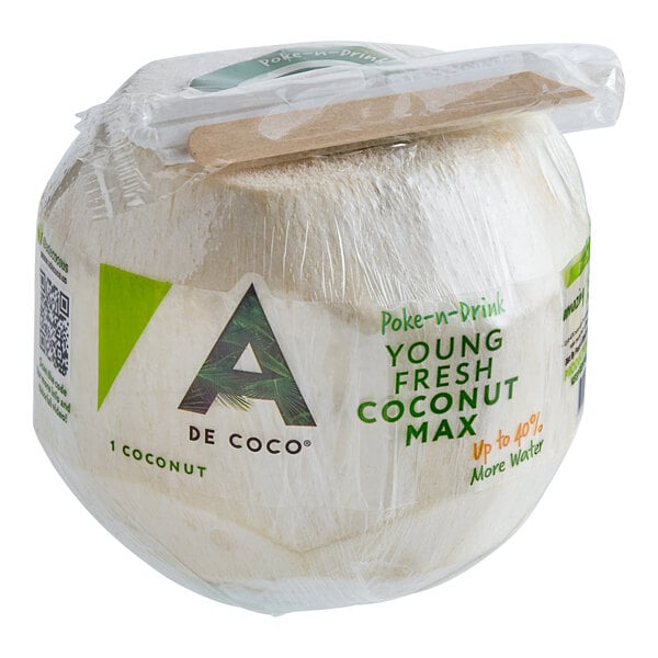 A Young Thai coconut in a plastic wrap.